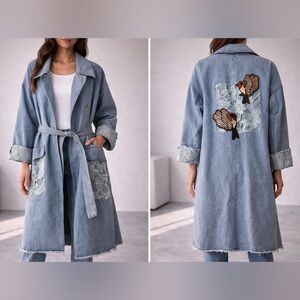TOV Oversized Denim Jacket with Embroidered Detail | Boho Statement Coat Size L